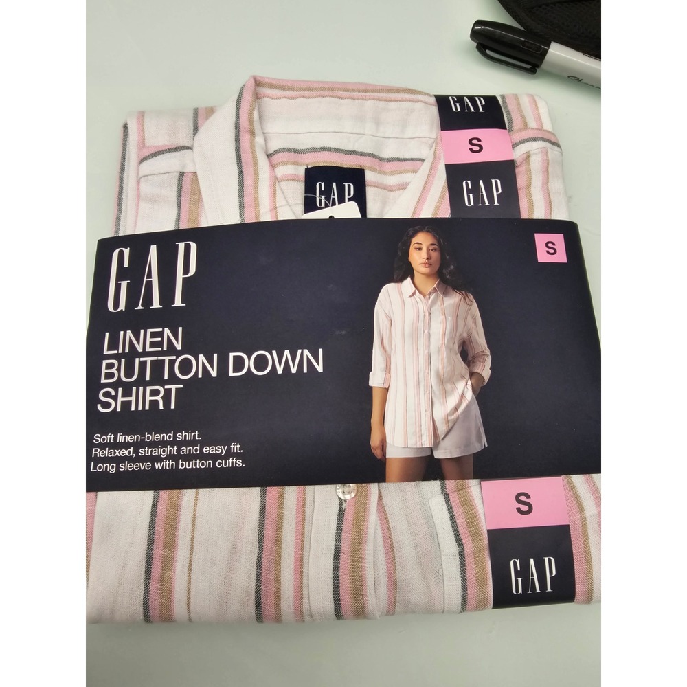 GAP‎ Womens Linen Button Down Shirt Pink Tan Striped Long Sleeve Small GP007933